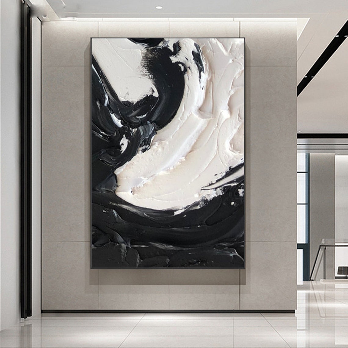 Black and White Painting Large White Textured Wall Art Black Etsy