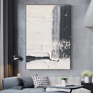 Black And White Textured Painting, Minimalist Abstract Painting, Living Room Wall Decor Black Abstract Art White Canvas Art, Large Wall Art image 4