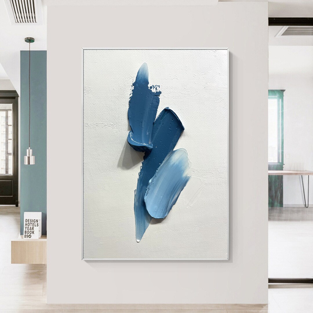 Large Blue Textured Abstract Painting Blue White Minimalist Wall Art