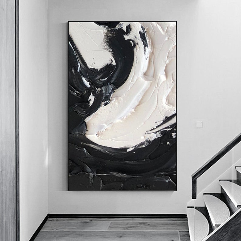 Schwarz-Weiß-Gemälde, große weiße strukturierte Wandkunst, Schwarz-Weiß-Wandkunst, Schwarz-Weiß-3D-abstrakte Kunst, gerahmtes abstraktes Gemälde Bild 5