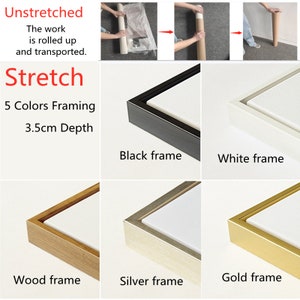 May include: A canvas painting is shown in different framing options. The options include black, white, wood, silver, and gold frames. The text "Unstretched" is shown above the image of the rolled canvas. The text "Stretch" is shown above the image of the framed canvas. The text "5 Colors Framing" and "3.5cm Depth" are shown below the image of the framed canvas.