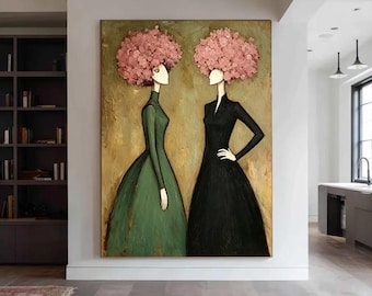 Vintage Style Female Abstract Portrait, Large Textured Oil Canvas, Soft Green Brown Hues Minimalist Wall Decor, Unique Hand Painted Art