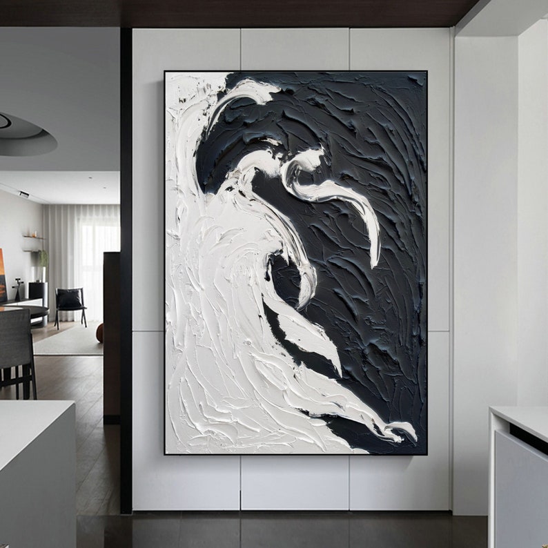 Black White Abstract Painting, Black Painting White Painting, Black White ,Minimalistm Wall Art, White Black 3D Textured Painting, Wall Art