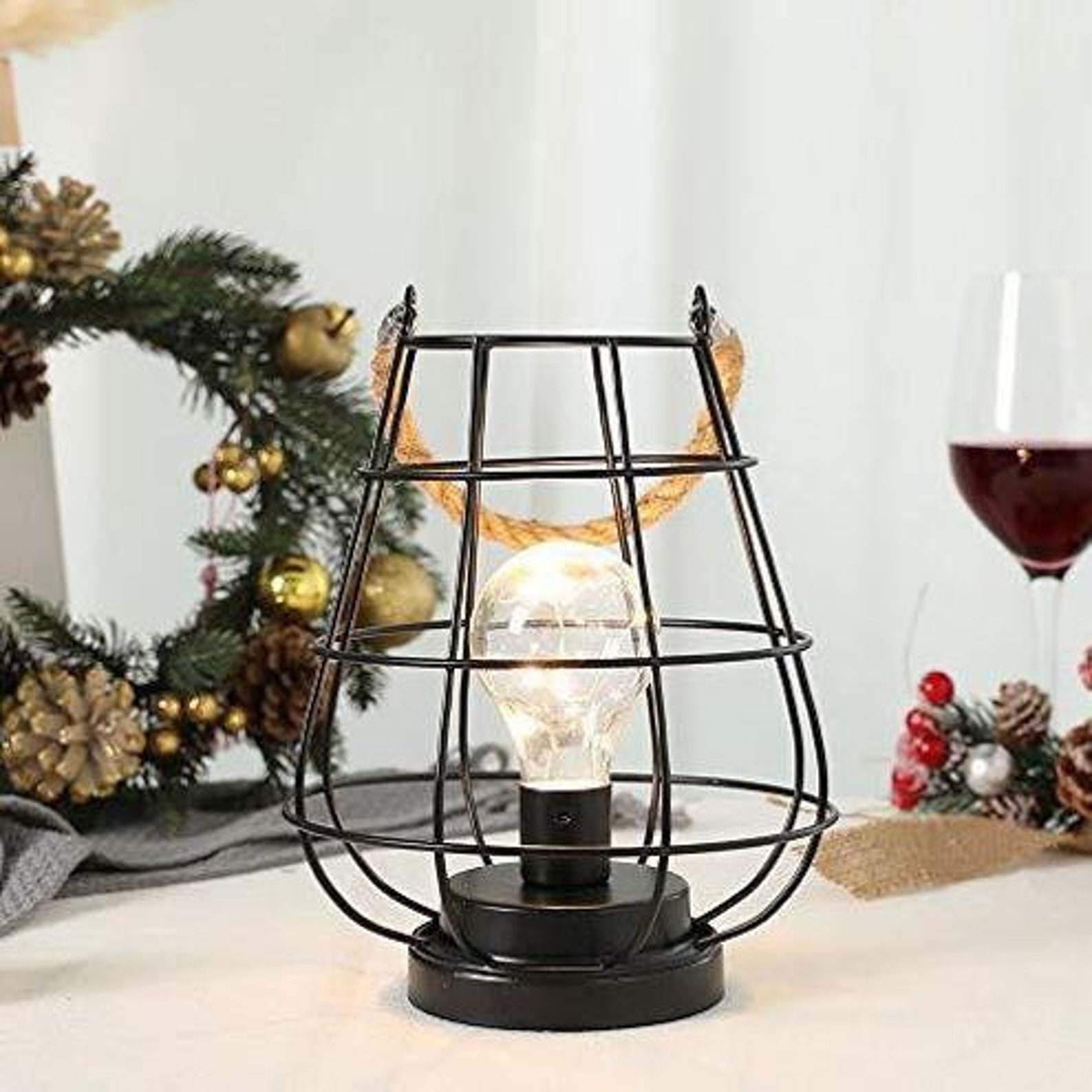 8.5 Cage Bulb Lantern Decorative Lamp Battery Powered Etsy
