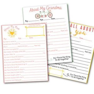 May include: Three printable fill-in-the-blank questionnaires for kids to learn about their mom, grandma, and themselves. The questionnaires are decorated with colorful illustrations and text. The text includes "About My Mom", "About My Grandma", and "All About You".