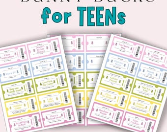 Bunny Bucks Teen Easter Egg-tegoedbonnen, afdrukbare beloningstickets voor kinderen (directe download)