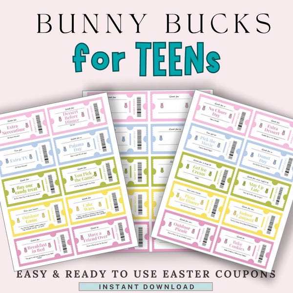 Bunny Bucks Teen Easter Egg Coupons, Printable Reward Tickets for Kids (Instant Download)