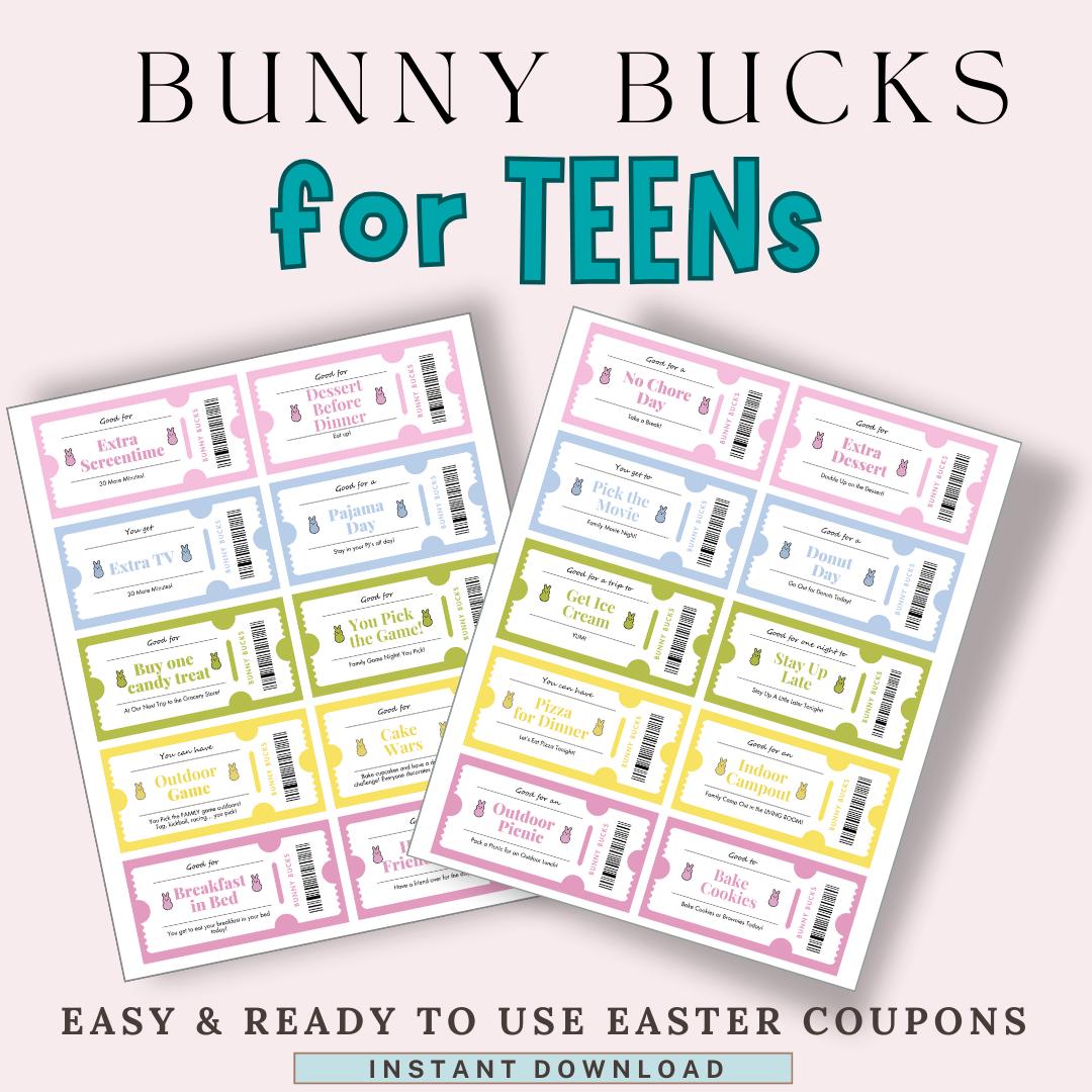 Bunny Bucks Teen Easter Egg Coupons, Printable Reward Tickets for Kids ...
