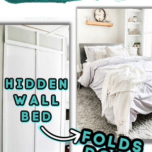 May include: A white Murphy bed folds down from a wall, revealing a bed with white bedding and a white throw blanket. The text "HIDDEN WALL BED" is written in black on the wall. The text "FOLDS DOWN" is written in black on a teal background. The text "DIY MURPHY BED WALL BED BUILT FOR $150" is written in black on a teal background.