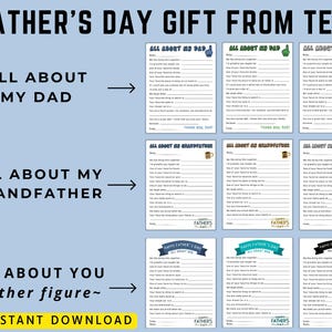 Op de afbeelding: Een printbaar Vaderdagcadeau met invulopdrachten voor Papa, Opa en een vaderfiguur. De tekst bevat "All About My Dad", "All About My Grandfather" en "All About You - vaderfiguur". Het woord "Direct downloaden" is ook zichtbaar.