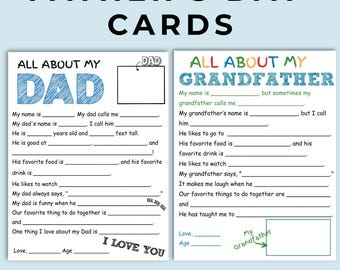Fathers Day Survey Printable | All About Dad Questionnaire | Kids Father's Day Gift | Fun Heartfelt Activity for Dad and Grandpa | download