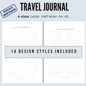 Diário de viagem para impressão, páginas de memórias de viagem, diário de viagem, diário de férias, caderno de viagem, diário de aventura, tamanho A4/A5/carta/meio tamanho