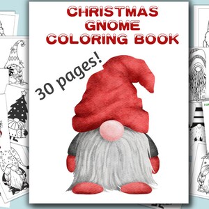 May include: A Christmas gnome coloring book with 30 pages. The cover features a red-hatted gnome with a white beard and a red and black outfit.