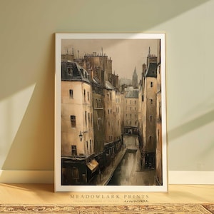 European City Wall Art Print, Vintage Paris Canal Painting, Neutral French Street Scene Decor, Rustic Old Town Architecture Art Print