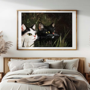 cat art print, vintage feline decor, black and white cats, moody pet wall art, antique style kittens, animal lovers gift