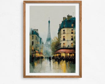paris street wall art, eiffel tower print, rainy paris decor, cityscape watercolor, french cafe art, romantic paris gift, travel art print