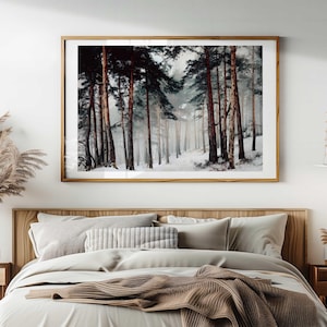 Pine forest print, snowy path art, tree landscape, winter woods decor, quiet forest scene, rustic wall print, cabin nature art