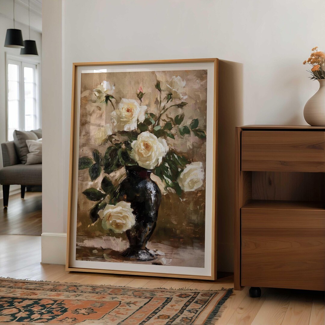 Vintage Rose Wall Art, Still Life Flower Print, White Rose Painting ...