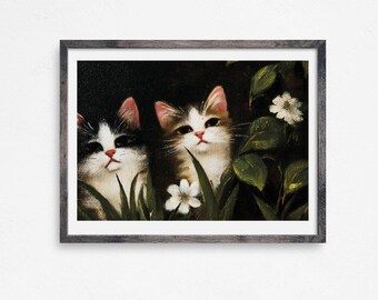 Vintage Cat Art Print: Moody Kitten with Flowers