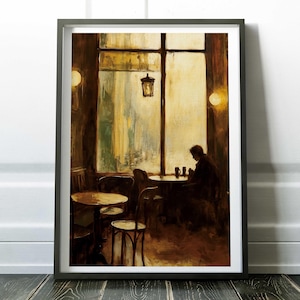 moody cafe wall art, cozy coffee shop print, warm window light decor, rustic cafe painting, vintage coffee house artwork, sepia wall print