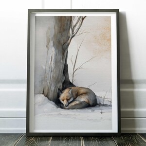 Fox wall art, woodland animal print, winter fox painting, rustic forest decor, curled fox artwork, snow fox illustration, animal wall art