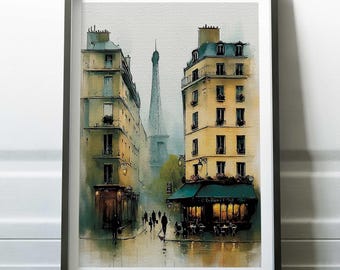 eiffel tower wall art, paris street watercolor print, cozy french cafe scene, rainy day decor, romantic cityscape, france art print