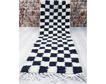 SCHWARZ-WEIßer marokkanischer karierter süßer Berberläufer Boho Beni Ourain Teppich, extra langer Läufer, Teppiche für Wohnzimmer