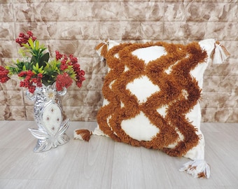 Brown Pillow Cover, Throw Pillow, Tassel Pillow, Brown Cushion Cover, Decorative Pillow, Fun Home Decor, Cushion Cover, Pillow 17" x 17" in