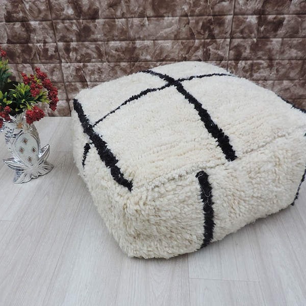 Beni Ourain Square Pouf, Yoga Meditation Cushion, Moroccan floor cushion, rug pouf Handmade berber*unstaffed".