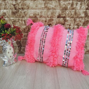 Pink Cushion Cover, Handwoven by Amazigh Women Weavers, Moroccan Sabra Pillow Cover, Bohemian Design Purple, Abstract Pillow