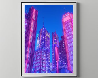 Paisaje urbano ciberpunk azul neón de anime / Tienda de disquetes Arte descargable e imprimible