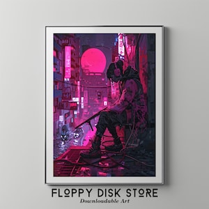 Cyberpunk Girl with Pink Headphones | Floppy Disk Store Downloadable PRINTABLE Art