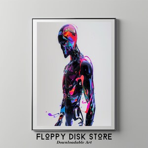 May include: Abstract digital art print featuring a colourful, human-like figure with a black background. The figure is made up of various shades of blue, pink, red, and yellow.