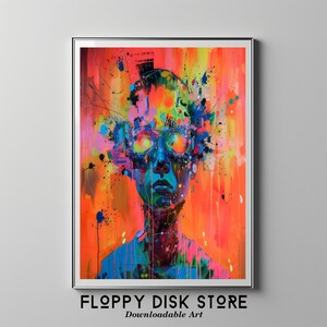 Puede incluir: Un retrato abstracto colorido de una persona con gafas y un fondo naranja, amarillo, rosa y azul brillante.