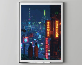 Dos niños mirando una ciudad con luces de neón / Tienda de disquetes Arte descargable e IMPRIMIBLE