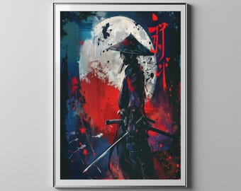 Samurai Gyokon No Sagoro With The Moon In The Background | Floppy Disk Store Downloadable PRINTABLE Art