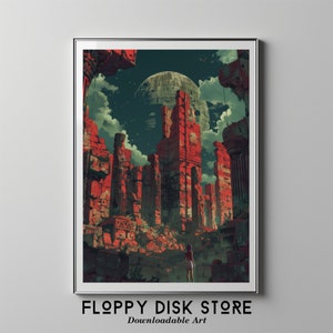 Könnte beinhalten: Eine digitale Illustration einer roten und grünen Stadtlandschaft mit einem großen, runden, grauen Mond im Hintergrund. Eine einsame Figur steht im Vordergrund und blickt zum Mond auf.