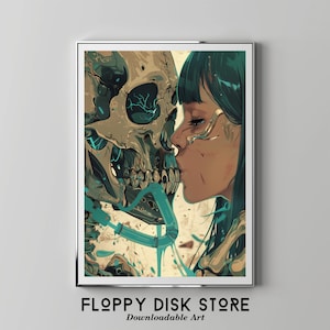 Op de afbeelding: Een ingelijste digitale kunstprint met een vrouw die een schedel kust. Het kunstwerk gebruikt een turquoise en beige kleurenpalet met een futuristische esthetiek. De tekst "FLOPPY DISK STORE Downloadable Art" staat onderaan.