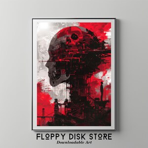 Op de afbeelding: Een digitale kunstprint met een abstract ontwerp in rood en zwart. Een mensenhoofd is afgebeeld met een schedel erin, omringd door een stadsbeeld. Een klein figuurtje staat op de achtergrond.