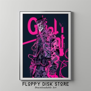 Może przedstawiać: Cyfrowy wydruk artystyczny przedstawiający postać w stylu cyberpunk z czaszką zamiast twarzy i w kolorystyce różowo-czarnej. Postać ma na sobie kamuflażową kurtkę i znajduje się na różowo-czarnym tle z napisem "Girl" w kolorze różowym.