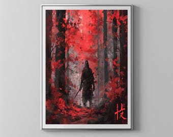 Kanji Shinobi In The Forest With Red Leaves Trees | Floppy Disk Store Downloadable PRINTABLE Art