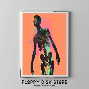 Puede incluir: Una impresión de arte digital que presenta la silueta de una persona con un esqueleto visible, representada en colores vibrantes sobre un fondo melocotón.