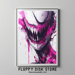 May include: A digital art print featuring a close-up of a pink and white monster with a large, toothy grin. The monster's face is surrounded by pink splatters of paint.