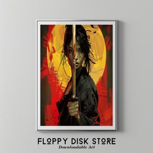 May include: A woman in black clothing holds a katana sword in front of her face. The background is a red and yellow abstract design.