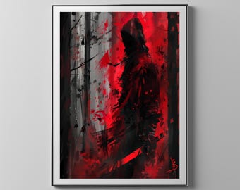 Kanji Shinobi With A Red Katana In The Forest | Floppy Disk Store Downloadable PRINTABLE Art