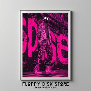 Może przedstawiać: Cyfrowa ilustracja osoby w masce przeciwgazowej i kamuflażowej kurtce stojącej przed różową ścianą graffiti z napisem "SPRE".