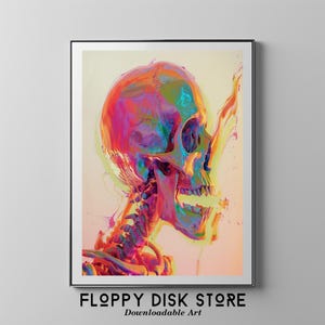 Puede incluir: Una pintura abstracta colorida de un cráneo humano con un esquema de colores arcoíris. El cráneo se representa de perfil, con la boca abierta y los dientes visibles. El fondo es de un amarillo pastel suave.