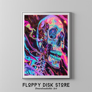 Puede incluir: Una impresión de arte digital de una calavera holográfica con un fondo abstracto colorido. La calavera está representada en un acabado metálico iridiscente, con tonos de rosa, azul y morado.