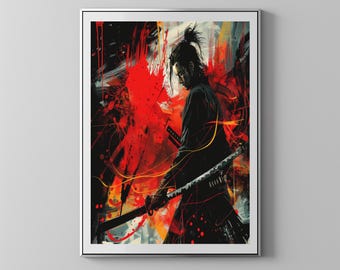 Fierce Samurai Warrior with Katana & Blood Splatter | Floppy Disk Store Downloadable PRINTABLE Art
