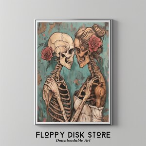 Op de afbeelding: Een digitale kunstprint van twee skeletten die elkaar omhelzen, met een turquoise achtergrond en rode rozen. De skeletten worden afgebeeld als een stel, waarbij het vrouwelijke skelet een witte jurk draagt.